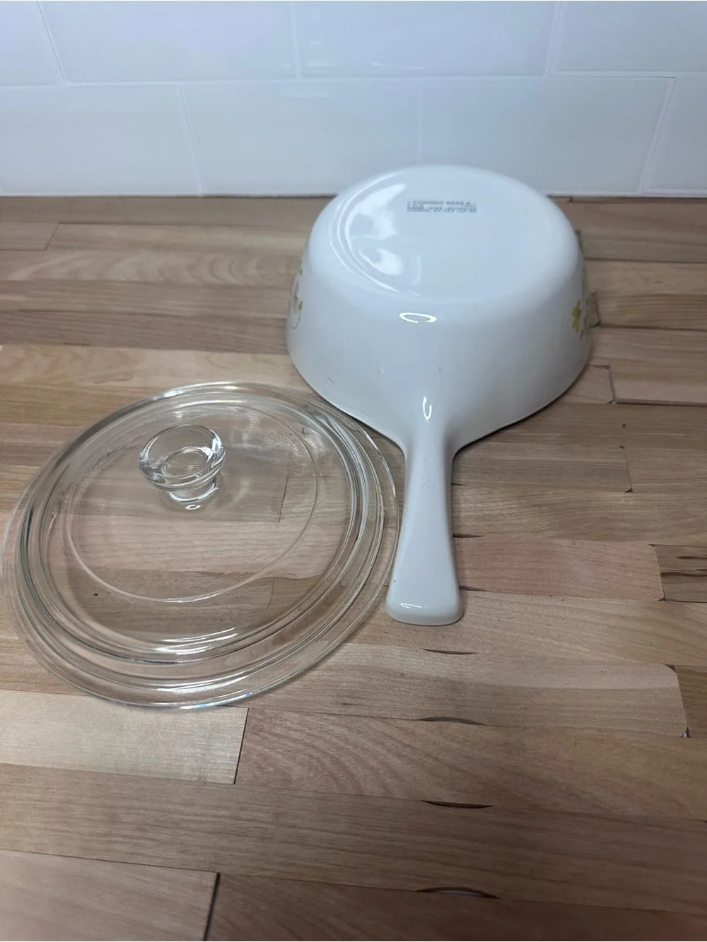 Corningware White Ceramic Saucepan with Floral Accent (Wildflower) and Glass Lid